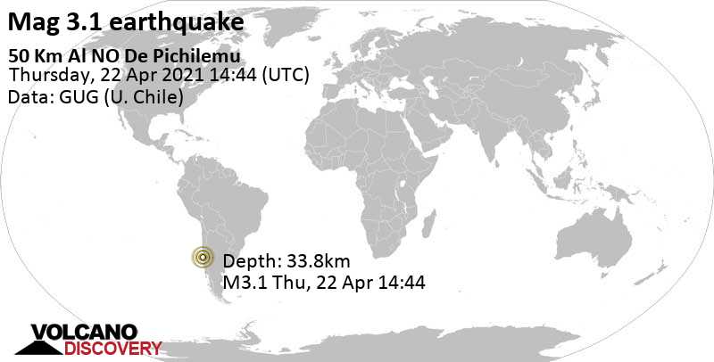 Weak mag. 3.1 earthquake - South Pacific Ocean, 89 km southwest of San Antonio, Region de Valparaiso, Chile, on Thursday, April 22, 2021 at 14:44 GMT