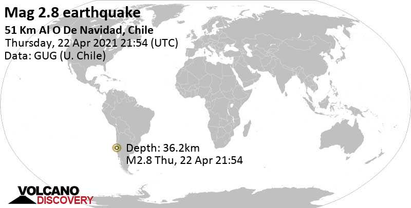 Minor mag. 2.8 earthquake - South Pacific Ocean, 84 km southwest of San Antonio, Region de Valparaiso, Chile, on Thursday, April 22, 2021 at 21:54 GMT