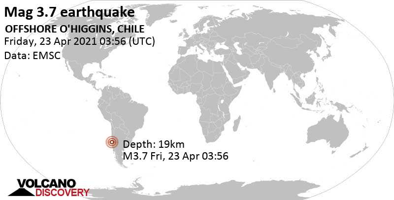 Light mag. 3.7 earthquake - South Pacific Ocean, 88 km southwest of San Antonio, Region de Valparaiso, Chile, on Friday, April 23, 2021 at 03:56 GMT