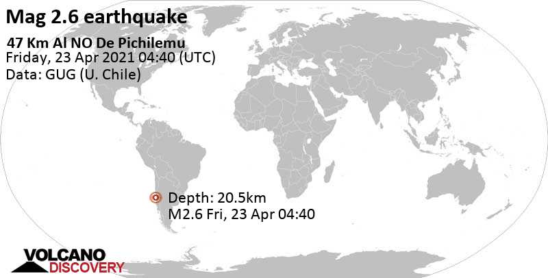 Weak mag. 2.6 earthquake - South Pacific Ocean, 87 km southwest of San Antonio, Region de Valparaiso, Chile, on Friday, April 23, 2021 at 04:40 GMT