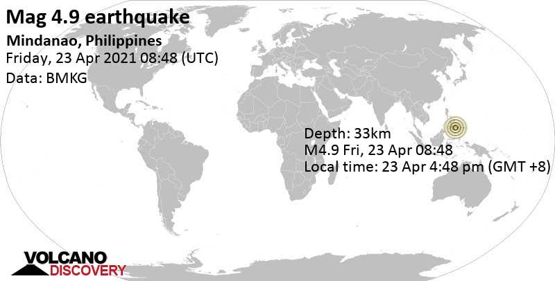 Moderate mag. 4.9 earthquake - 43 km northwest of Central, Province of Davao del Sur, Philippines, on 23 Apr 4:48 pm (GMT +8)