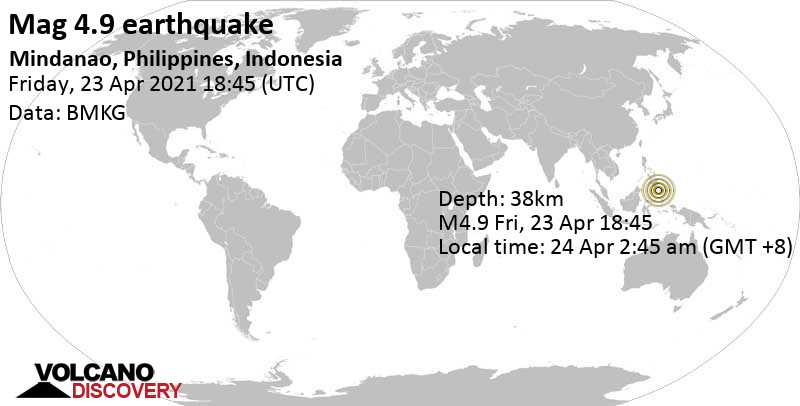 Μέτριος σεισμός μεγέθους 4.9 - Philippine Sea, 183 km νοτιοανατολικά από General Santos City, Φιλιππίνες, Παρ, 23 Απρ 2021 18:45 GMT