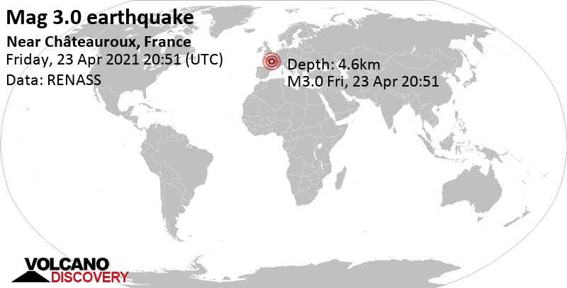 Ελαφρύς σεισμός μεγέθους 3.0 - 46 km νοτιοδυτικά από Châteauroux, Γαλλία, Παρασκευή, 23 Απρ 2021 22:51 (GMT +2)