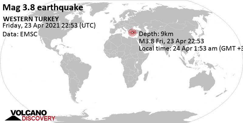 Moderates Erdbeben der Stärke 3.8 - Ägäisches Meer, 6.1 km nordwestlich von Kuşadası, Aydın, Türkei, am Freitag, 23. Apr 2021 um 22:53 GMT