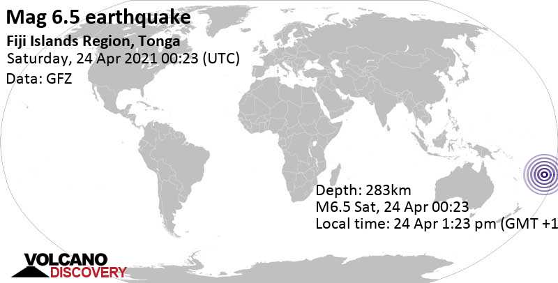 Strong mag. 6.5 earthquake - South Pacific Ocean, 282 km northwest of Nukalofa, Nuku\'alofa, Tongatapu, on 24 Apr 1:23 pm (GMT +13)