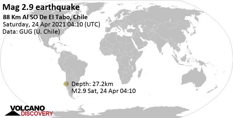 Weak mag. 2.9 earthquake - South Pacific Ocean, 83 km southwest of San Antonio, Region de Valparaiso, Chile, on Saturday, April 24, 2021 at 04:10 GMT