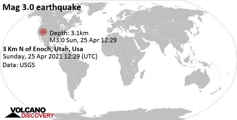 Terremoto leve mag. 3.0 - 8.9 miles N of Cedar City, Iron County, Utah, USA, domingo, 25 abr 2021 06:29 (GMT -6)
