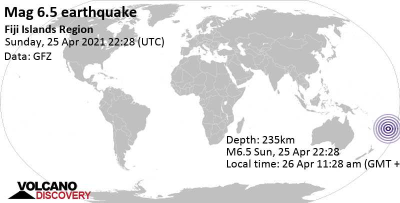 Starkes Beben der Stärke 6.5 - South Pacific Ocean, Fidschi, am Sonntag, 25. Apr 2021 um 22:28 GMT
