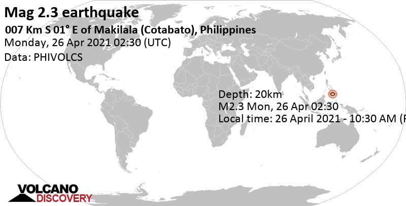 Minor mag. 2.3 earthquake - 13 km south of Kidapawan, Province of Cotabato, Soccsksargen, Philippines, on 26 April 2021 - 10:30 AM (PST)