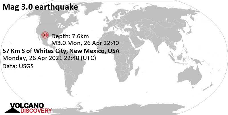Ελαφρύς σεισμός μεγέθους 3.0 - Τέξας, 84 km νότια από Carlsbad, Eddy County, Νέο Μεξικό, Ηνωμένες Πολιτείες, Δευτέρα, 26 Απρ 2021 17:40 (GMT -5)