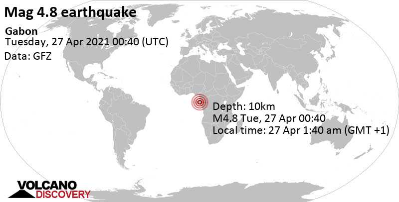 Moderate mag. 4.8 earthquake - 41 km south of Lambarene, Moyen-Ogooué, Gabon, on 27 Apr 1:40 am (GMT +1)