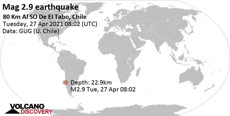 Weak mag. 2.9 earthquake - South Pacific Ocean, 73 km southwest of San Antonio, Region de Valparaiso, Chile, on Tuesday, April 27, 2021 at 08:02 GMT