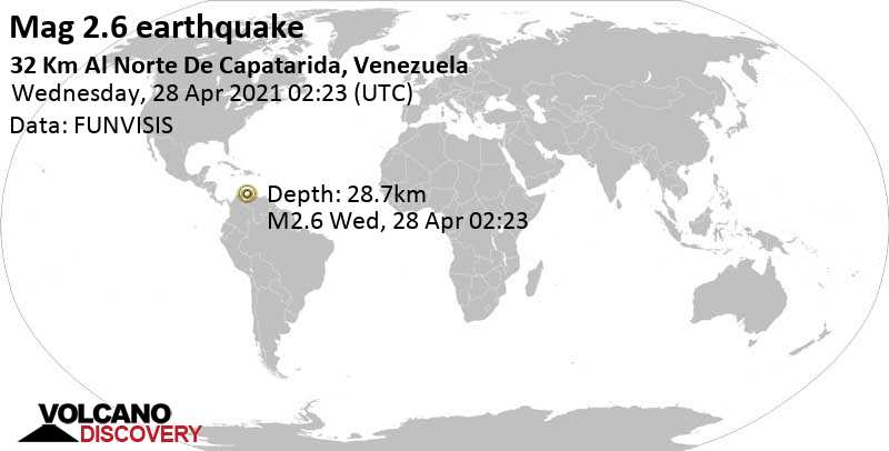 Séisme mineur mag. 2.6 - Caribbean Sea, 56 km au sud-ouest de Punto Fijo, Venezuela, mercredi, le 28 avril 2021 02:23