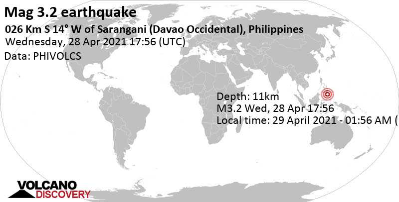 Light mag. 3.2 earthquake - Celebes Sea, 26 km southwest of Sarangani, Davao Occidental, Philippines, on 29 April 2021 - 01:56 AM (PST)