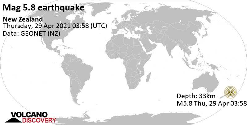 Starkes Beben der Stärke 5.8 - 30 km nordwestlich von Gisborne, Neuseeland, am Donnerstag, 29. Apr 2021 um 15:58 Lokalzeit