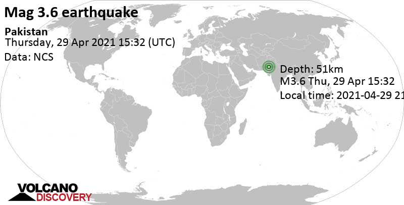 Schwaches Erdbeben Stärke 3.6 - 104 km südöstlich von Khanpur, Rahim Yar Khan, Punjab, Pakistan, am Donnerstag, 29. Apr 2021 um 15:32 GMT