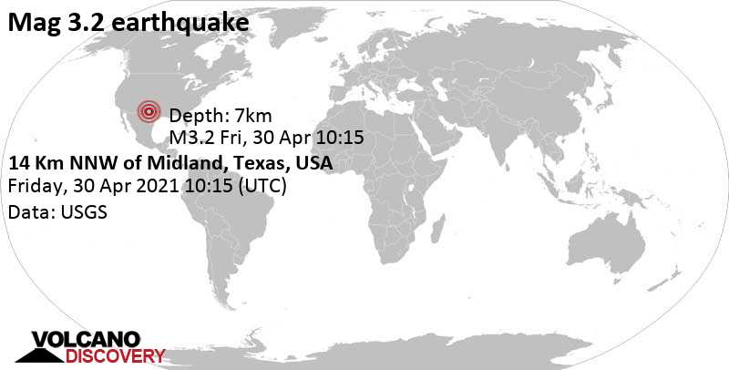 Ελαφρύς σεισμός μεγέθους 3.2 - 15 km βορειοδυτικά από Midland, Τέξας, Ηνωμένες Πολιτείες, Παρασκευή, 30 Απρ 2021 05:15 (GMT -5)