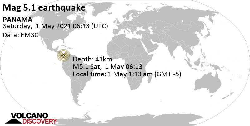 Moderates Erdbeben der Stärke 5.1 - Colon, 84 km nordöstlich von Panama-Stadt, Panama District, am Samstag,  1. Mai 2021 um 06:13 GMT