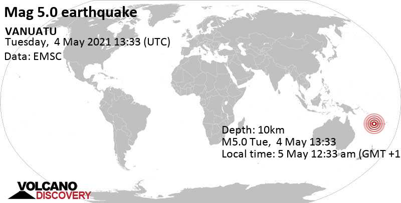 Tremblement de terre fort magnitude 5.0 - Mer de Corail, 45 km à l\'ouest de Port-Vila, Port Vila, Shefa, Vanuatu, 5 May 12:33 am (GMT +11)