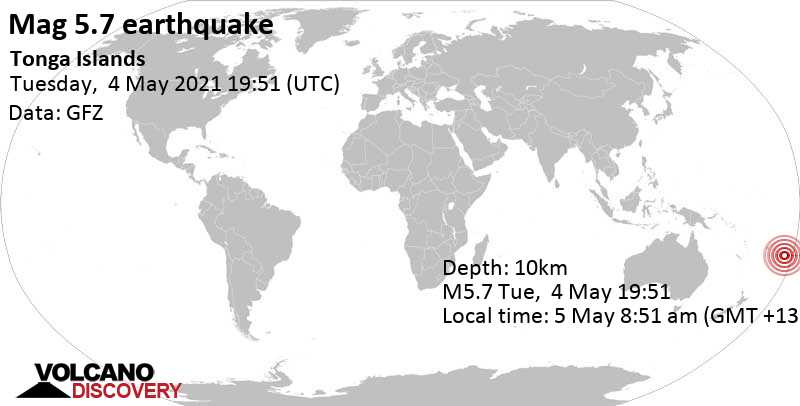 Tremblement de terre fort magnitude 5.7 - South Pacific Ocean, 157 km à l\'est de Nukalofa, Nuku\'alofa, Tongatapu, 5 May 8:51 am (GMT +13)
