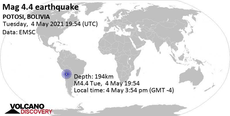 Слабое землетрясение маг. 4.4 - POTOSI, BOLIVIA, 4 May 3:54 pm (GMT -4)