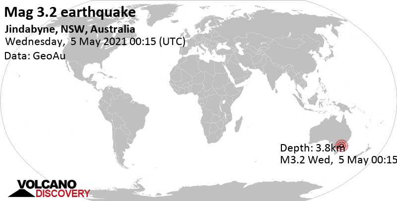 Terremoto leve mag. 3.2 - 14 km WSW of Jindabyne, Snowy Monaro Regional, New South Wales, Australia, miércoles, 05 may. 2021 00:15