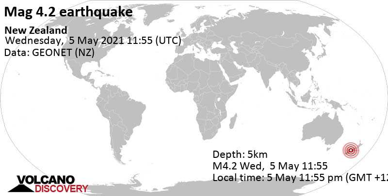 Moderate mag. 4.2 earthquake - West Coast, 33 km southwest of South Island, New Zealand, on 5 May 11:55 pm (GMT +12)