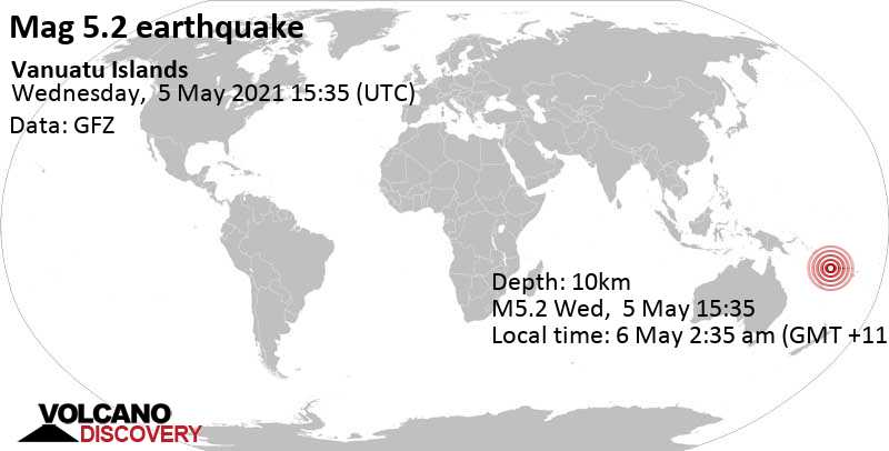 Strong mag. 5.2 earthquake - Coral Sea, 98 km northeast of Santo, Luganville, Sanma Province, Vanuatu, on 6 May 2:35 am (GMT +11)