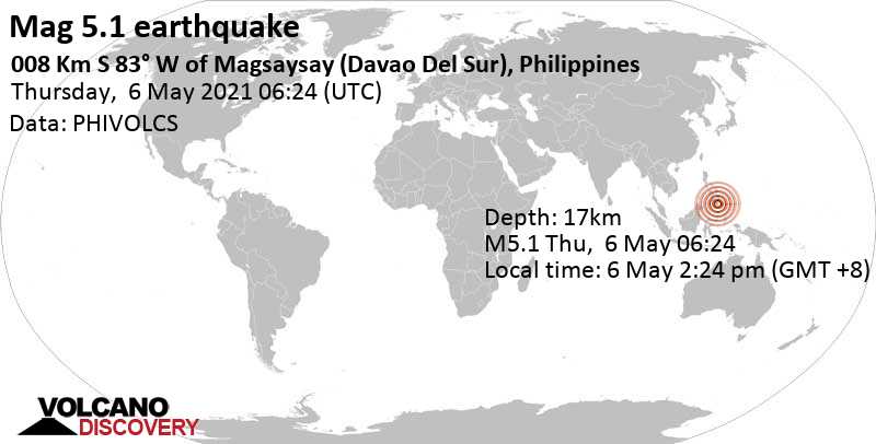 Strong mag. 5.1 earthquake - Davao, 37 km northeast of Koronadal, Philippines, on Thursday, May 6, 2021 at 2:24 pm (GMT +8)