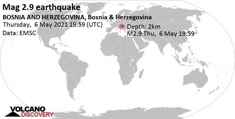 Mag. 2.9 earthquake - 13 km north of Banja Luka, Bosnia Serb Republic, Bosnia & Herzegovina, on Thursday, May 6, 2021, at 09:59 pm (Sarajevo time)