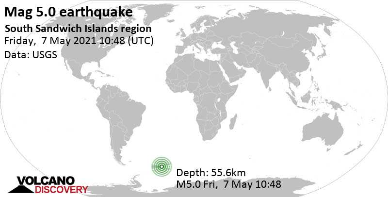 Mag. 5.0 earthquake - South Atlantic Ocean, South Georgia & South Sandwich Islands, on Friday, May 7, 2021 08:48 am (GMT -2)