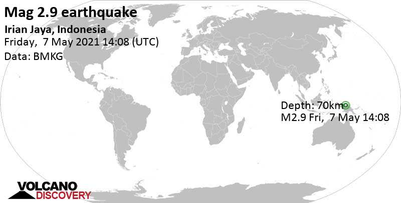 Sehr schwaches Beben Stärke 2.9 - 84 km südwestlich von Jayapura, Papua, Indonesien, am Freitag,  7. Mai 2021 um 14:08 GMT