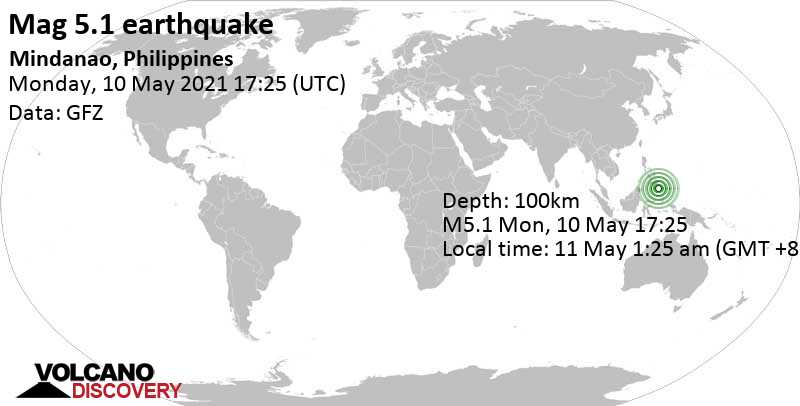 Moderates Erdbeben der Stärke 5.1 - Philippine Sea, 99 km südöstlich von Malita, Davao Occidental, Philippinen, am Montag, 10. Mai 2021 um 17:25 GMT