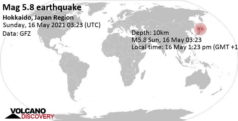 Tremblement de terre fort magnitude 5.8 - Océan Pacifique Nord, 107 km au sud de Kushiro, Hokkaido, Japon, 16 May 1:23 pm (GMT +10)