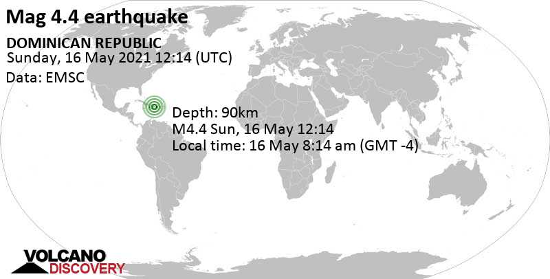 Séisme faible mag. 4.4 - 16 km au sud de Bonao, Provincia de Monseñor Nouel, République dominicaine, 16 May 8:14 am (GMT -4)