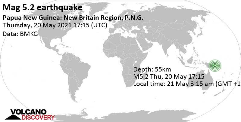 Moderates Erdbeben der Stärke 5.2 - Solomon Sea, 147 km südöstlich von Kimbe, Papua-Neuguinea, am Donnerstag, 20. Mai 2021 um 17:15 GMT