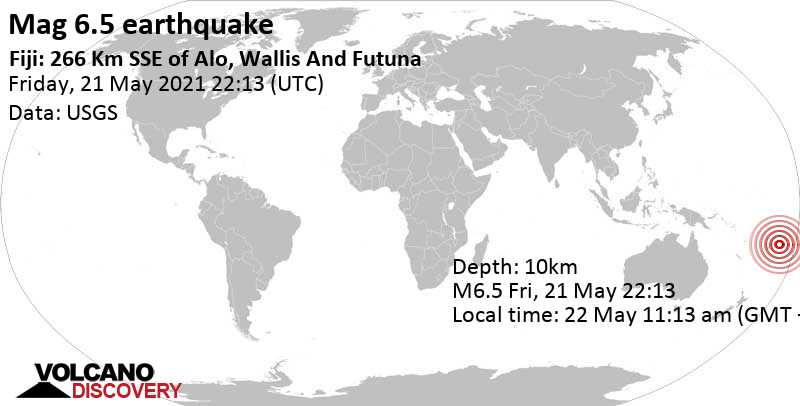 Major magnitude 6.5 earthquake - South Pacific Ocean, Fiji, on 22 May 11:13 am (GMT +13)