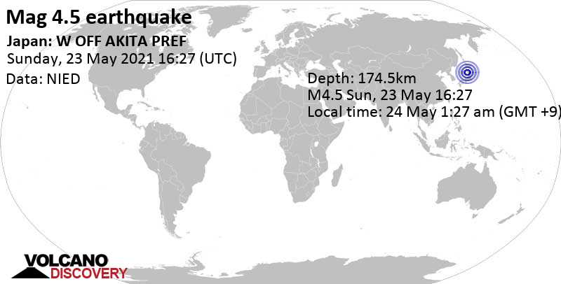 Слабое землетрясение маг. 4.5 - Японское море, 33 km к юго-западу от Акита, Япония, Понедельник, 24 мая 2021 01:27 (GMT +9)
