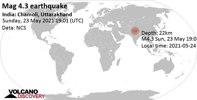 Terremoto moderado mag. 4.3 - 44 km NNW of Joshīmath, Chamoli, Uttarakhand, India, lunes, 24 may 2021 00:31 (GMT +5:30)