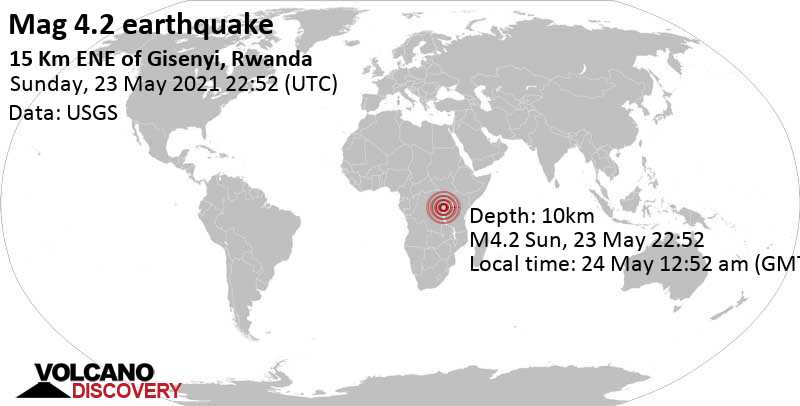 Μέτριος σεισμός μεγέθους 4.2 - 16 km βορειοανατολικά από Γκισένι, Ρουάντα, Κυρ, 23 Μαΐ 2021 22:52 GMT