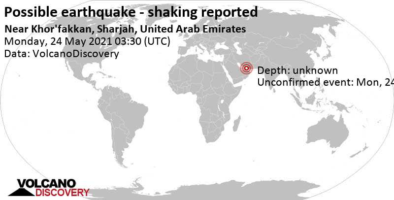 Gemeldetes Erdbeben oder erdbebenähnliches Ereignis: 9.4 km östlich von Dibba Al-Fujairah, Vereinigte Arabische Emirate, am Montag, 24. Mai 2021 um 03:30 GMT