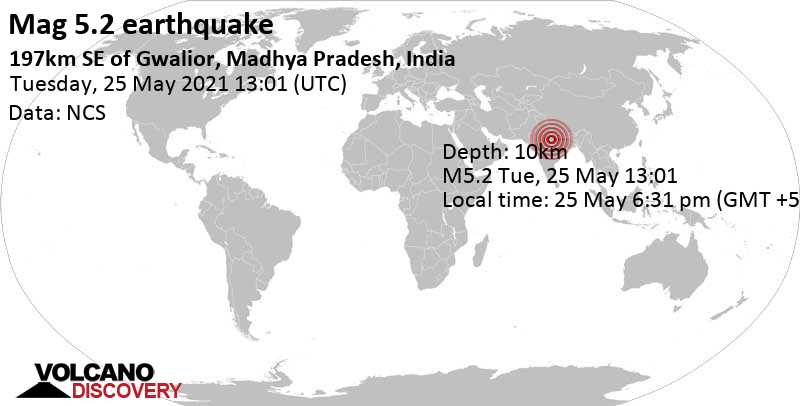 Сильное землетрясение магнитудой 5.2 - 20 km к юго-западу от Mahoba, Индия, Вторник, 25 мая 2021 18:31 (GMT +5:30)