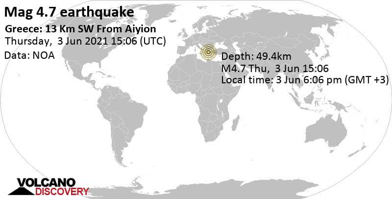Leichtes Erdbeben der Stärke 4.7 - 29 km östlich von Patras, Achaea, Westgriechenland, am Donnerstag,  3. Jun 2021 um 15:06 GMT
