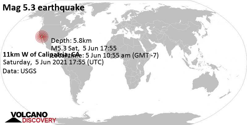 Δυνατός σεισμός μεγέθους 5.3 - 20 km βορειοδυτικά από Brawley, Imperial County, Καλιφόρνια, Ηνωμένες Πολιτείες, Σάβ, 5 Ιου 2021 17:55 GMT
