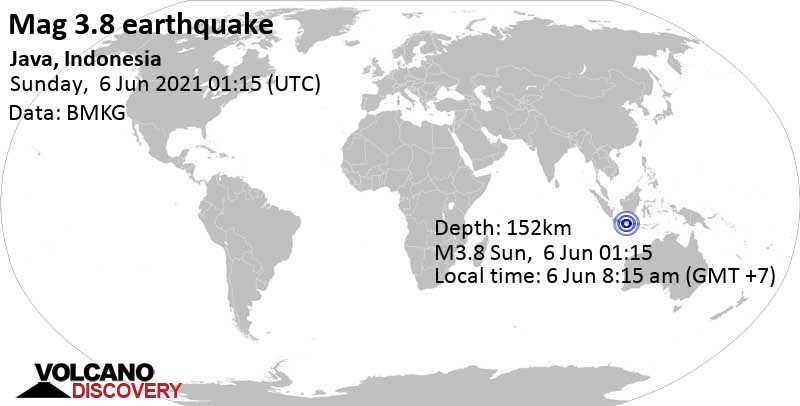 Sismo muy débil mag. 3.8 - 8.3 km NNE of Kedungwaru, East Java, Indonesia, 6 Jun 8:15 am (GMT +7)
