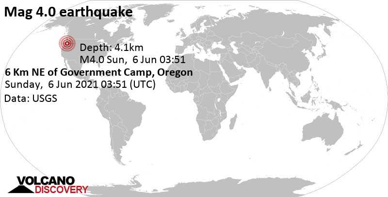 Moderates Erdbeben der Stärke 4.0 - 59 km östlich von Eugene, Multnomah County, Oregon, USA, am Samstag,  5. Jun 2021 um 20:51 Lokalzeit