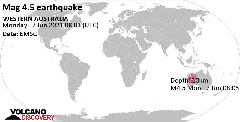 Moderate mag. 4.5 earthquake - 100 km north of Newman, East Pilbara, Western Australia, on Monday, Jun 7, 2021 at 4:03 pm (GMT +8)