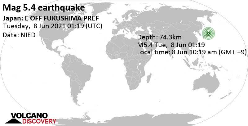 Moderates Erdbeben der Stärke 5.4 - Nordpazifik, 88 km südöstlich von Sendai, Präfektur Miyagi, Japan, am Dienstag,  8. Jun 2021 um 10:19 Lokalzeit