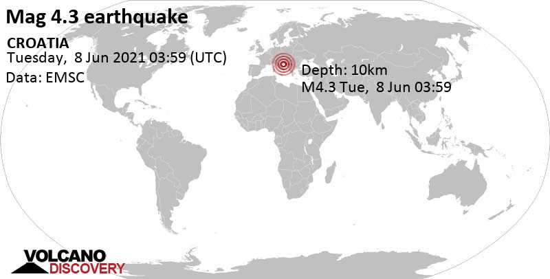 Terremoto moderato mag. 4.3 - 12 km a sud-est da Sebenico, Grad Šibenik, Sebenico e Tenin, Croazia, martedì,  8 giu 2021 05:59 (GMT +2)