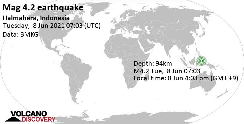 Слабое землетрясение маг. 4.2 - Молуккское море, 96 km к северо-западу от Тернате, Индонезия, 8 Jun 4:03 pm (GMT +9)